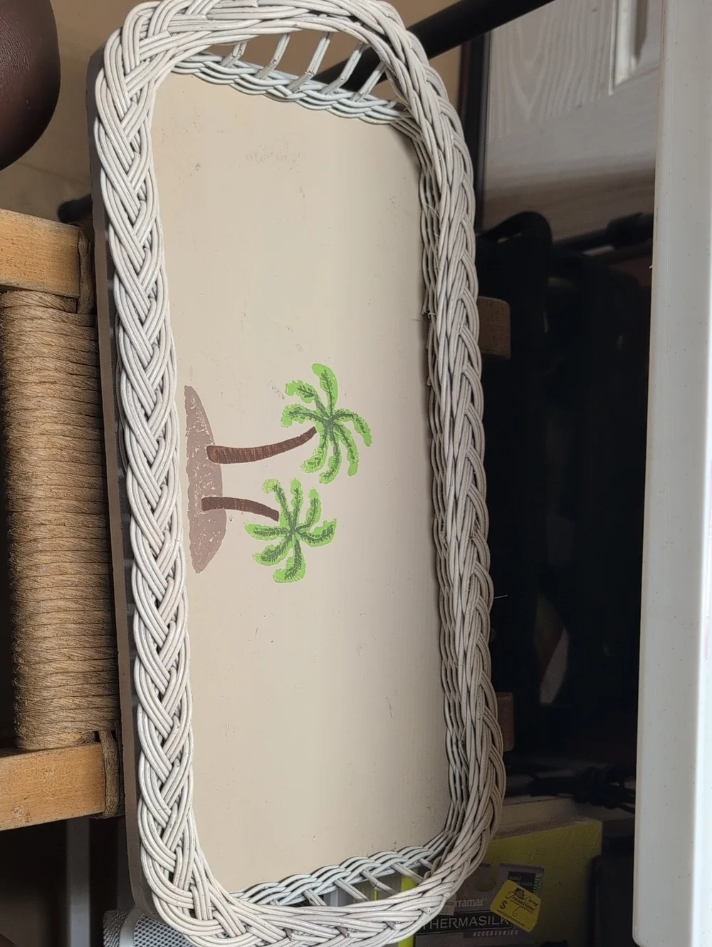 Vintage Coastal Palm-Print Beige Wicker Cocktail ServingTray